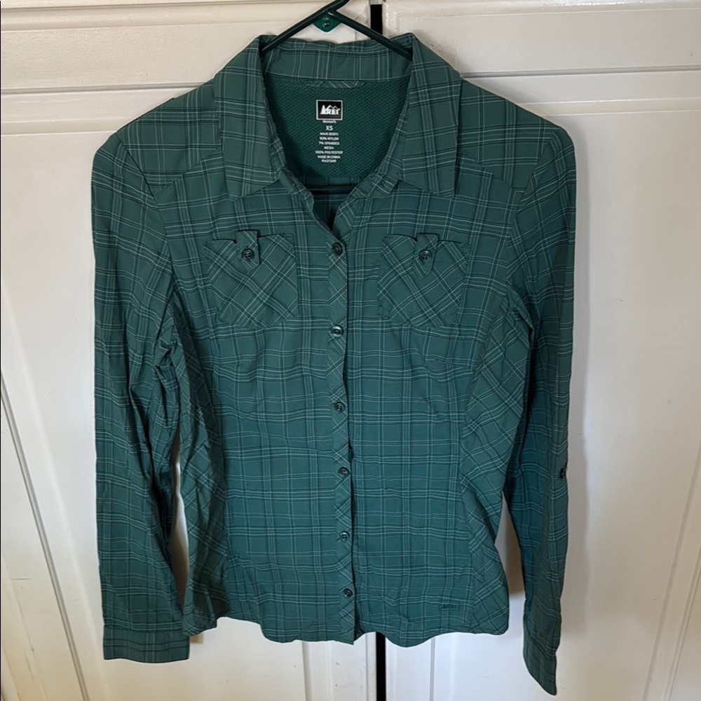 REI Teal Checkered Long Sleeve Shirt